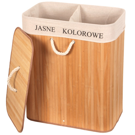Kosz na Pranie 80L Dwukomorowy z Wyciąganym Wkładem Bambusowy Pojemnik