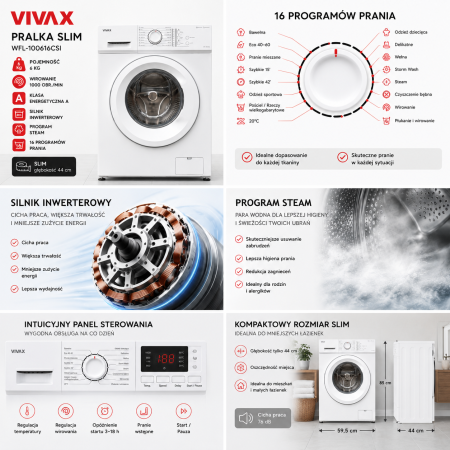 Pralka Automatyczna Slim Vivax 6 kg 1000 obr./min. 16 programów Drum Clean