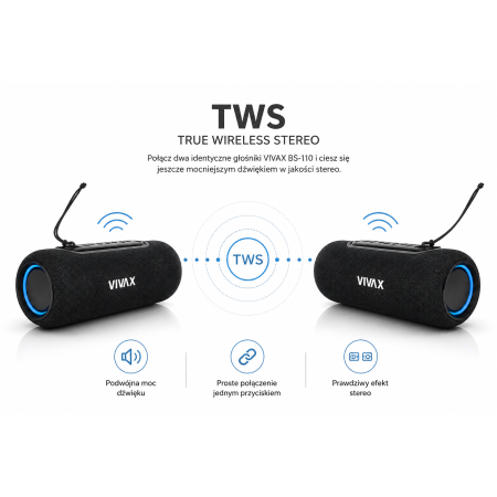 Głośnik Bluetooth 10W TWS LED IPX5 Mikrofon Mocny Poręczny VIVAX BS-110