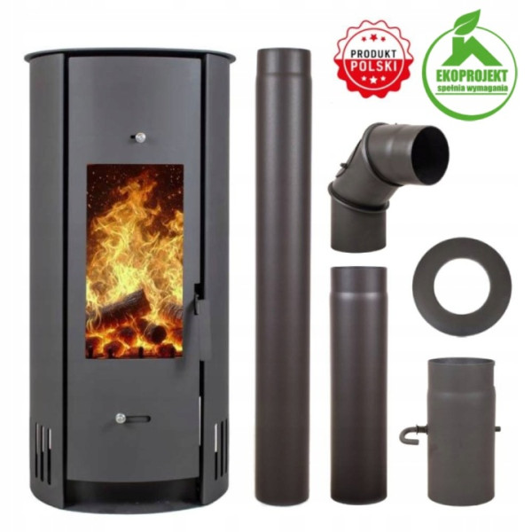 Piec Stalowy ZEFIR 6,8 kW + Zestaw Rur Kominek Wolnostojący do Salonu Certyfikat ECO UE