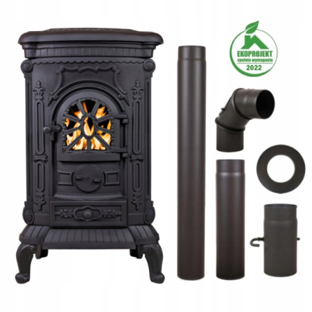 Piec wolnostojący żeliwny INGRID 9kW + Zestaw Rur CZARNY 9kW Ø120 na drewno ECO